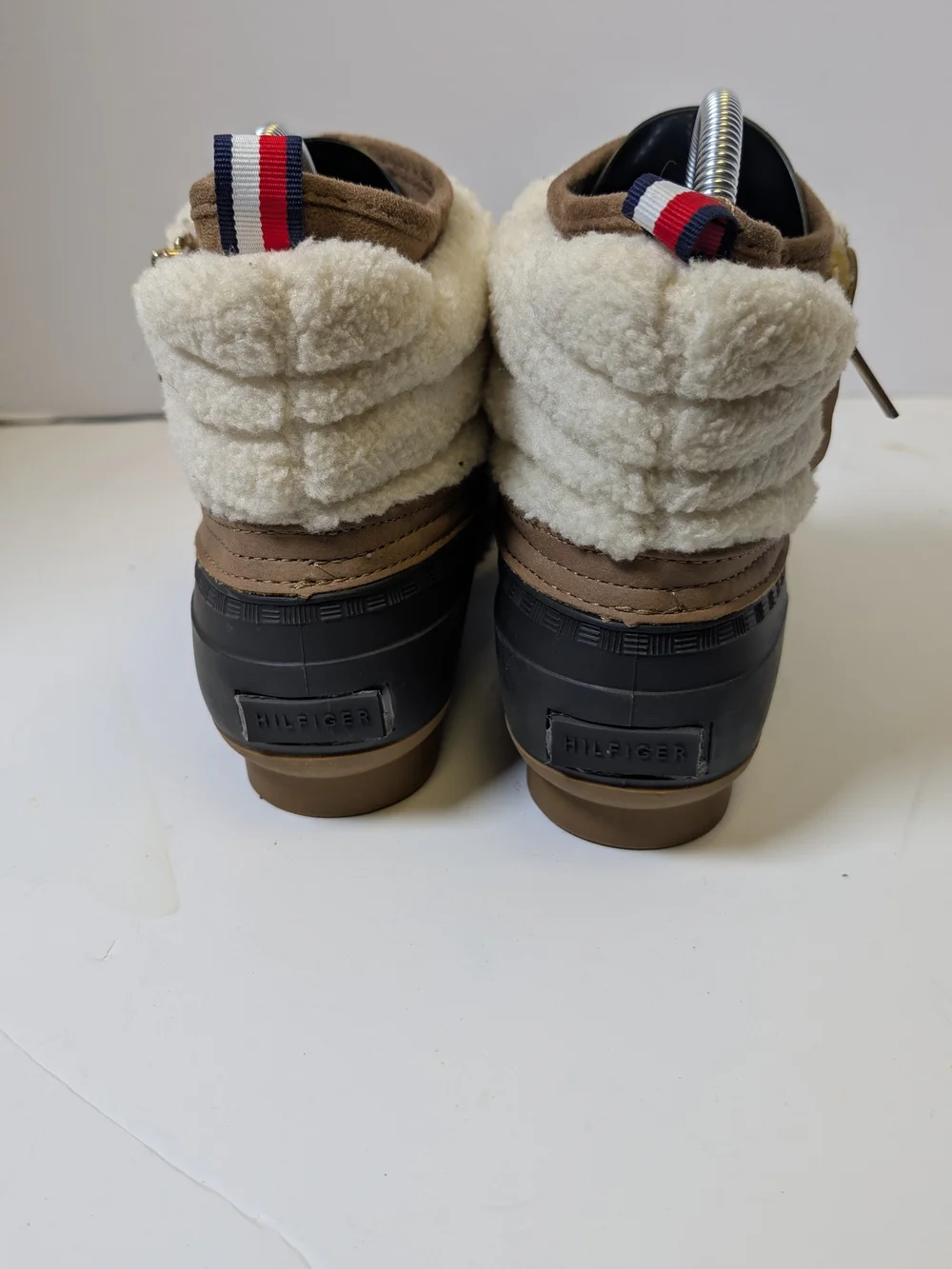 Tommy Hilfiger Black Rubber & Cream Sherpa Winter Boots with Brown Trim